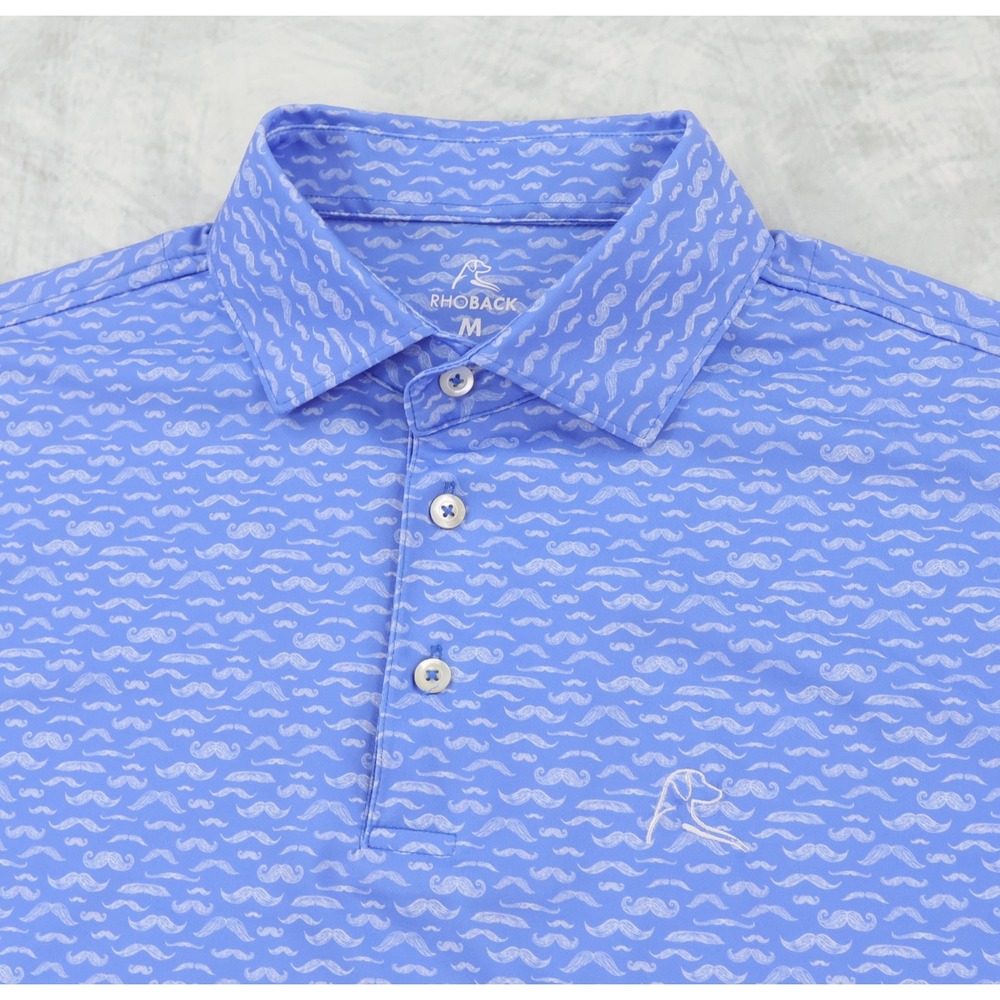Rhoback The Moustache Performance Golf Polo Shirt Mens Medium Blue Short Sleeve